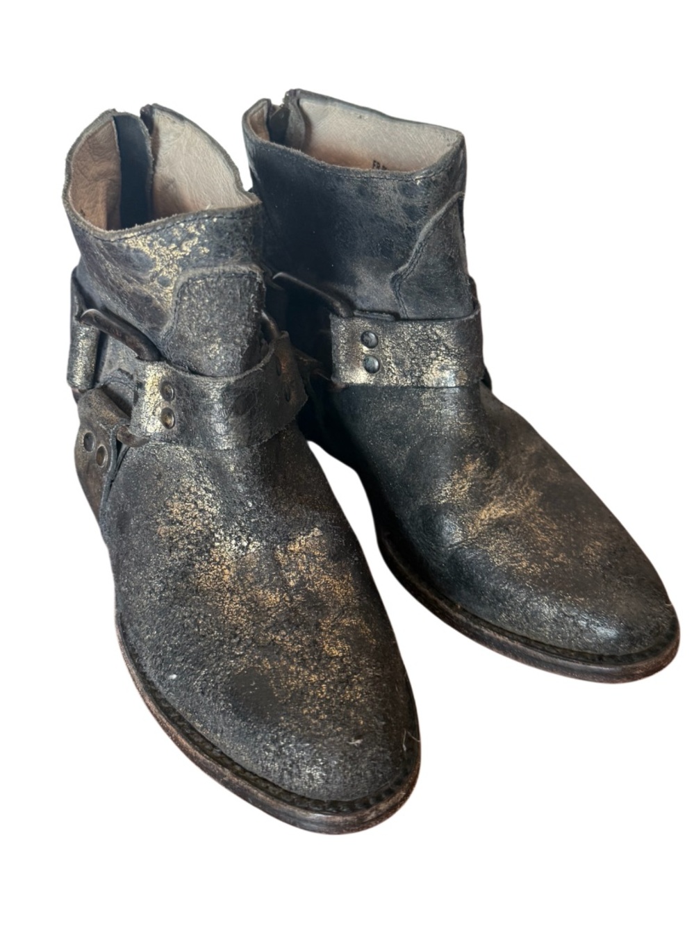Freebird by Steven Phlow Black & Gold Metallic Distressed Harness Boot Size 6